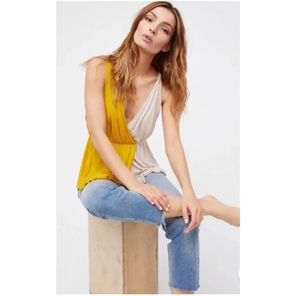 NWT Free‎ People Last Night Ribbed Tank Gold Sunglow Combo Small NEW