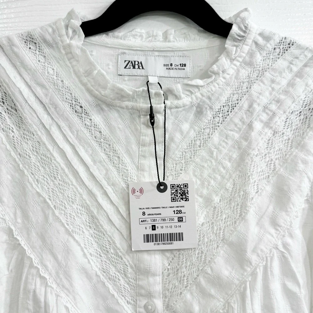 NWT Zara Girls White Lace Yoke Blouse Size 8 Long Sleeve Swiss Dot Cotton Top
