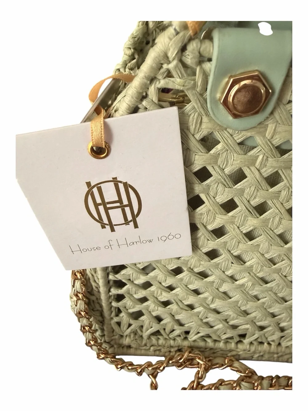NWT House of Harlow 1960 Mint Woven Top-Handle Bag with Mint Trim w/Chain Strap