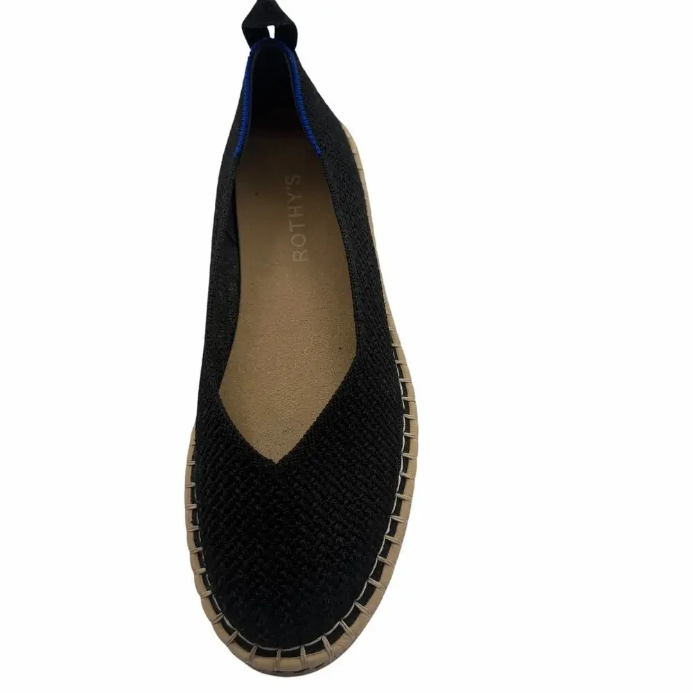 Rothy’s The Espadrille Flat in Black Boardwalk Knit Size 6.5 Jute Sole Slip On