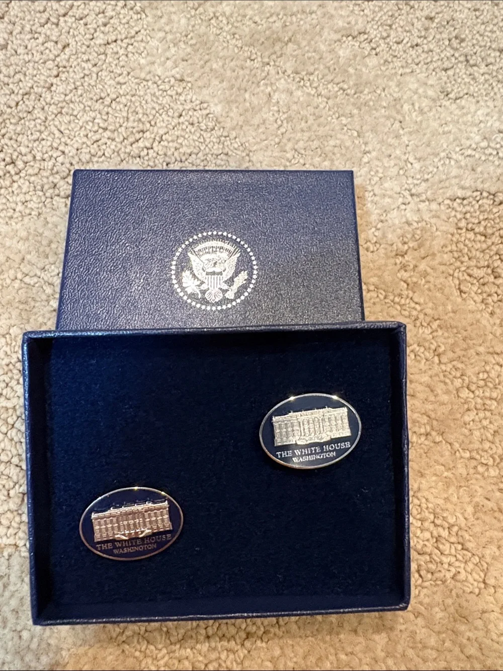 White House Oval Cufflinks in Silver and Navy Presentation Box