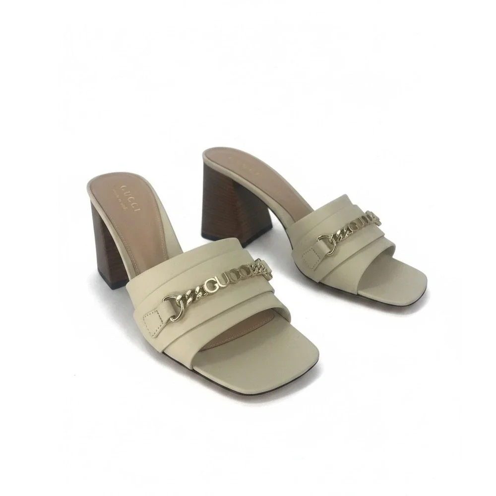 Gucci Signoria Slide Sandals White Leather Chain Heels Size 38