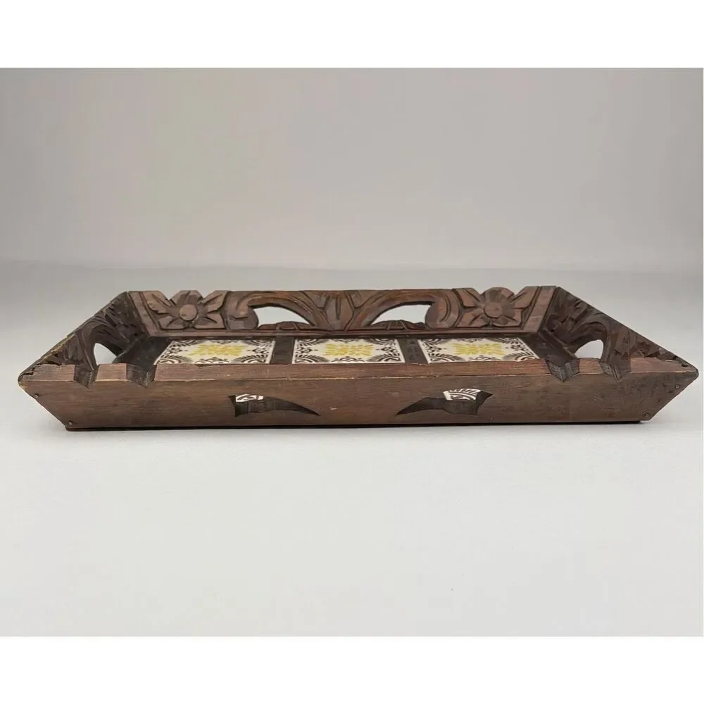 Vintage Mexican Talavera 6 Tile Hand Carved Wood 14.5x19.25in Serving Tray