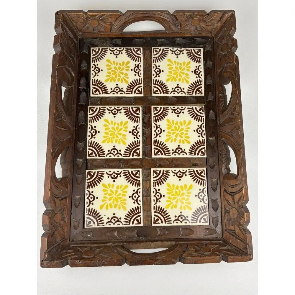 Vintage Mexican Talavera 6 Tile Hand Carved Wood 14.5x19.25in Serving Tray
