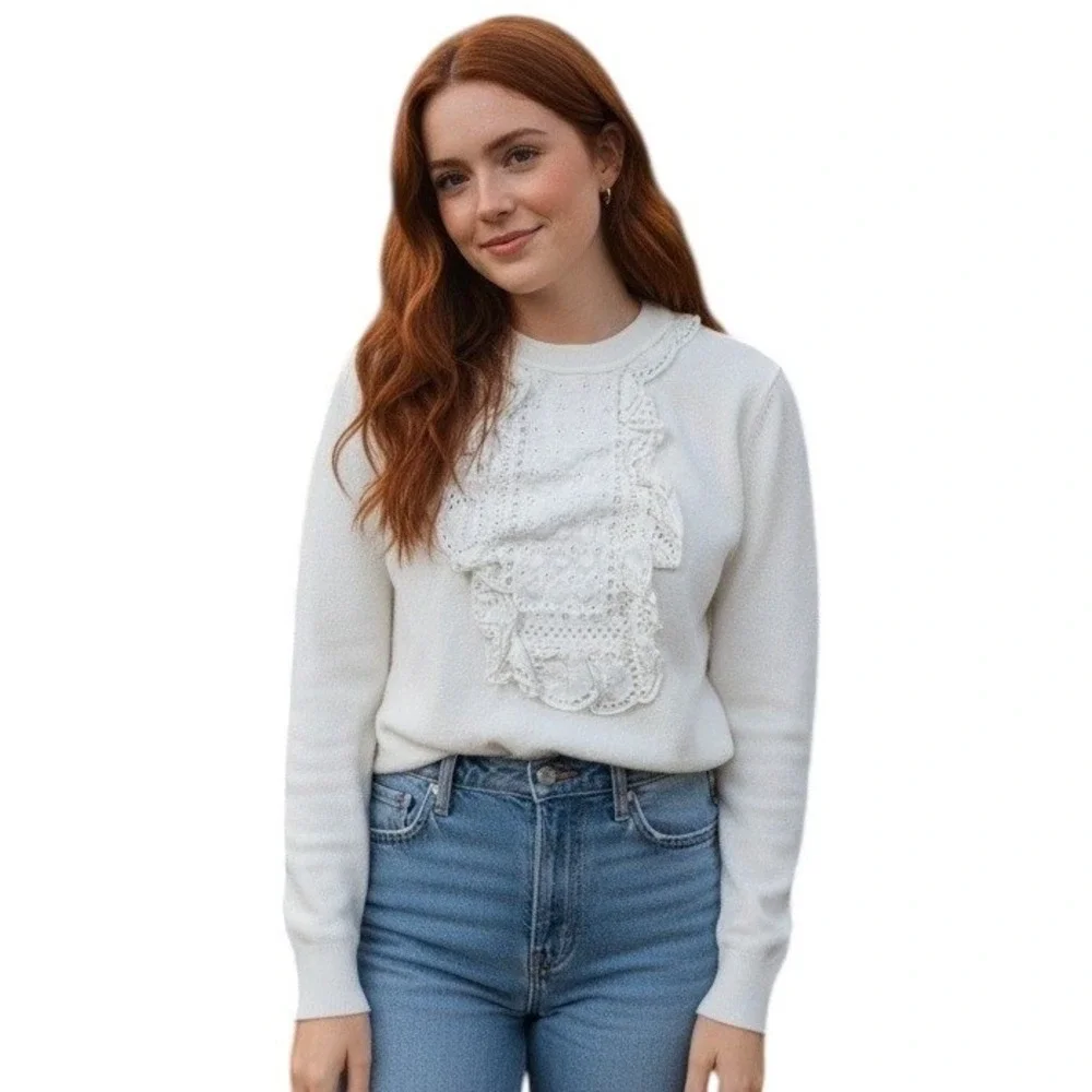 J. Crew‎ White Cotton Sweater Medium Eyelet Ruffle Trim Long Sleeve Top $120