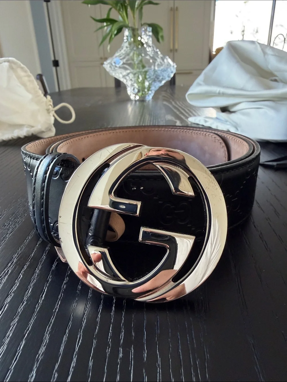 Gucci Black Leather Belt with Silver Double G Buckle