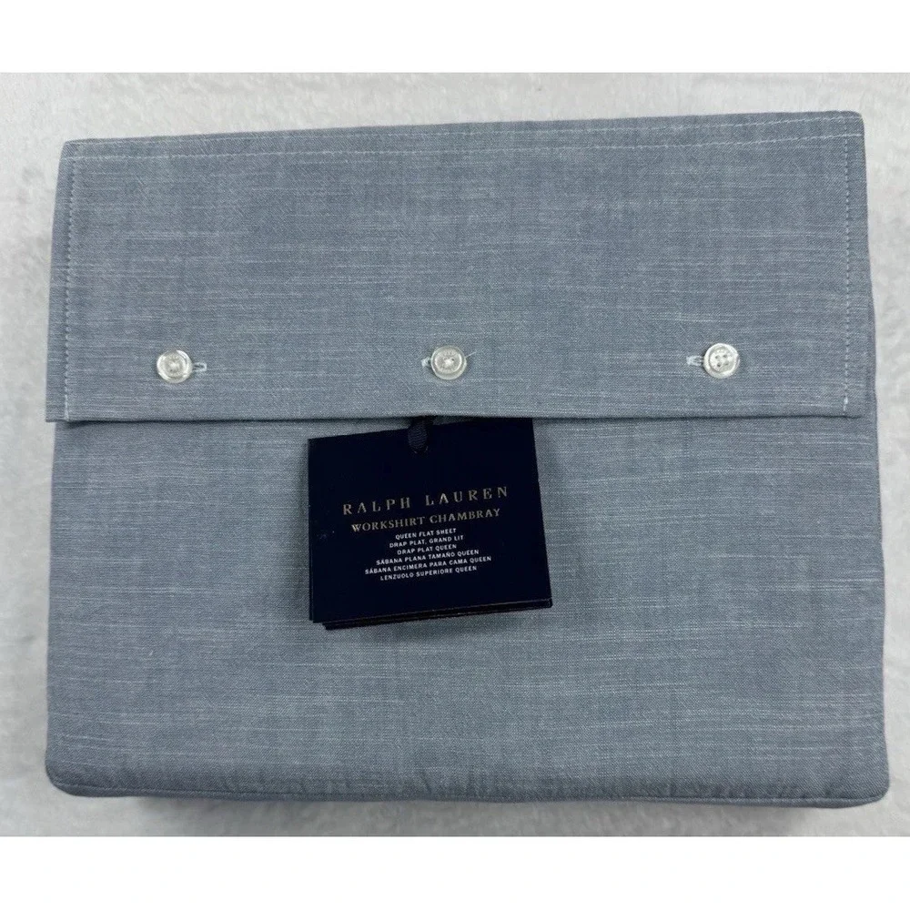 New Ralph Lauren WORKSHIRT CHAMBRAY Blue‎ Flat Sheet - Queen $215