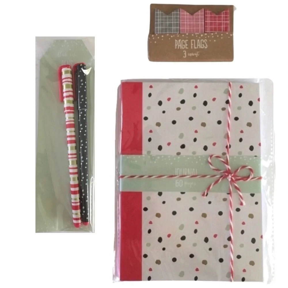 Christmas Dots Stationery Set Page Flags Journal Pens Red Green Desk Accessories