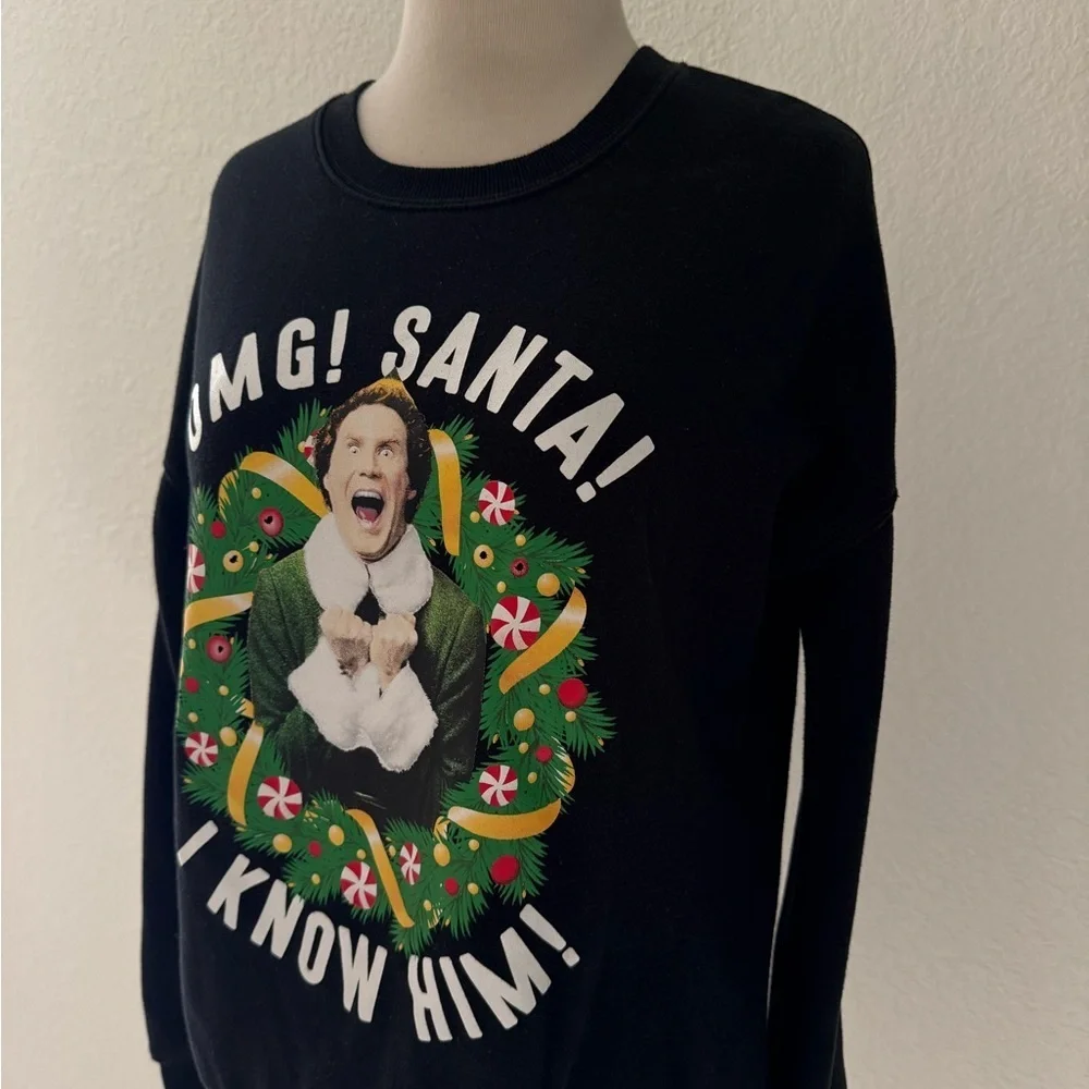 Elf OMG SANTA! Juniors Unisex Black Sweatshirt‎ Xmas Print XS EUC