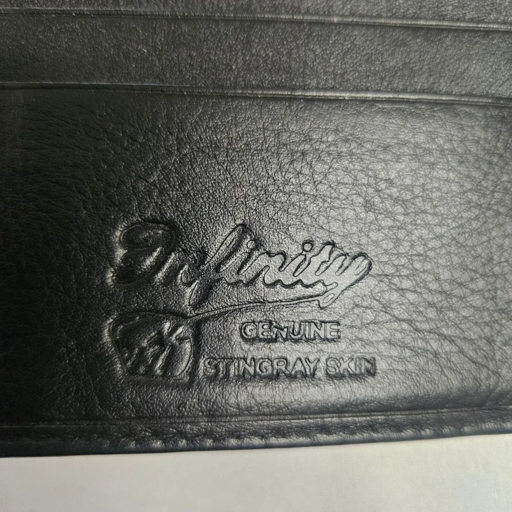 Infinity Genuine Stingray Skin Bifold Wallet Black Exotic Leather Kiss Lock Coin