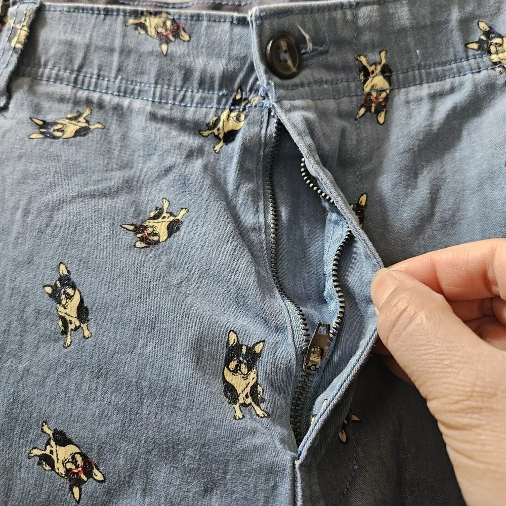 Denali Mens Size 38 Dog Boston Terrier Allover Print Shorts Blue Zip Fly Pockets