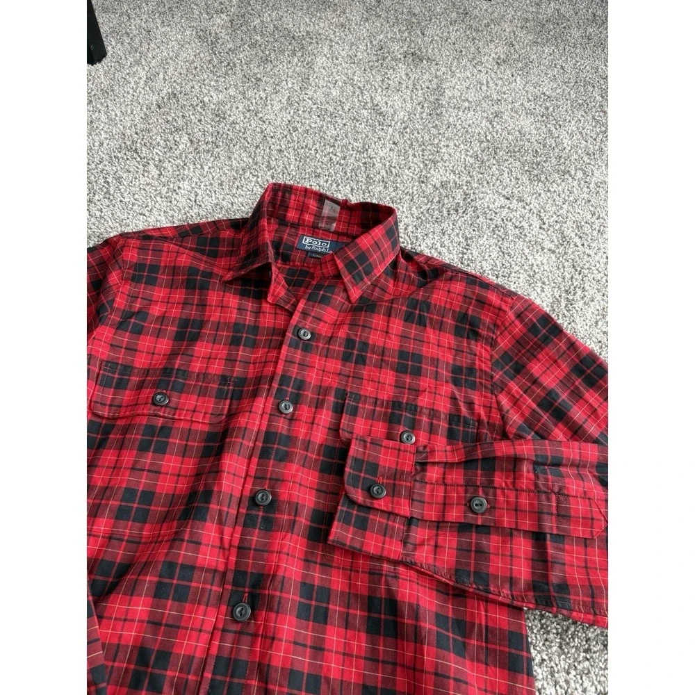 Polo Ralph Lauren Mens Small Red‎ Black Plaid Flannel Button Down Classic Fit
