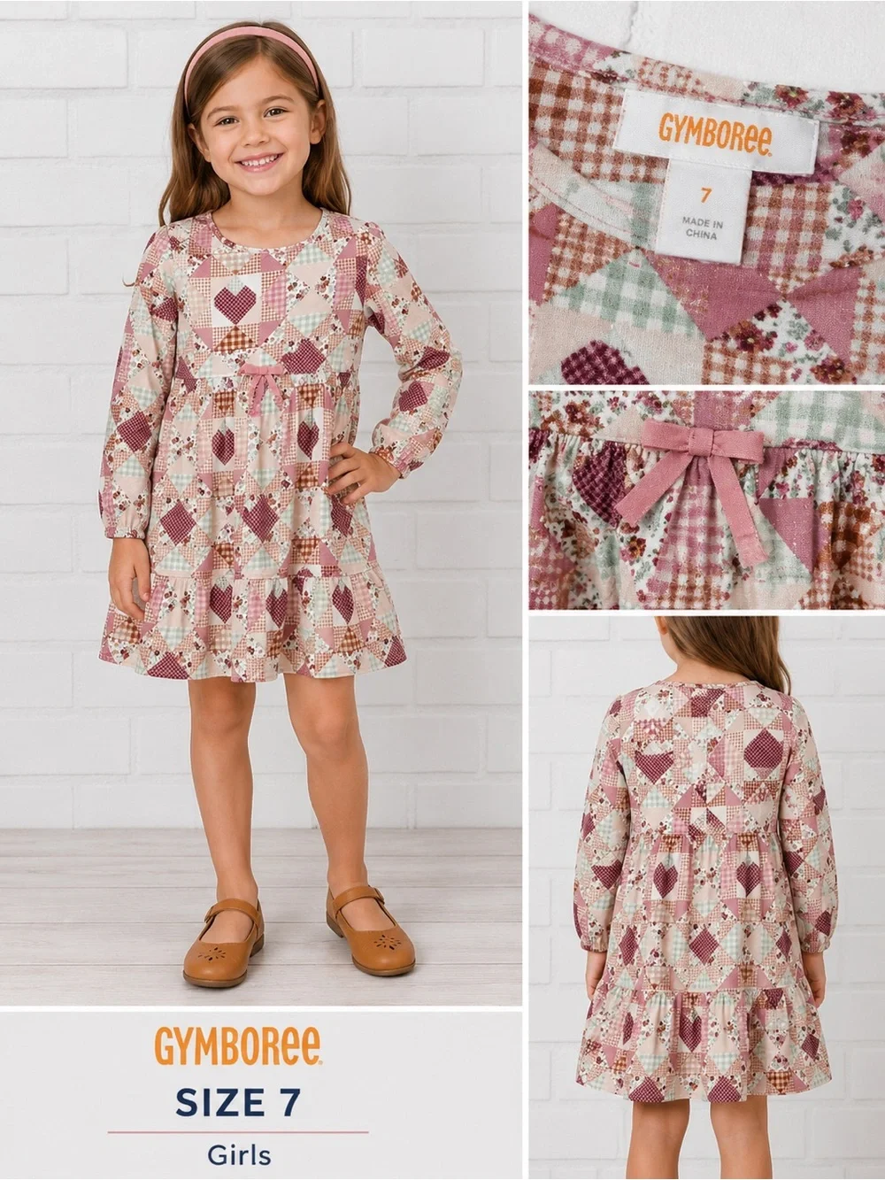 Gymboree Girls sweet Patchwork Heart Print Cottagecore boho Long Sleeve Dress/7