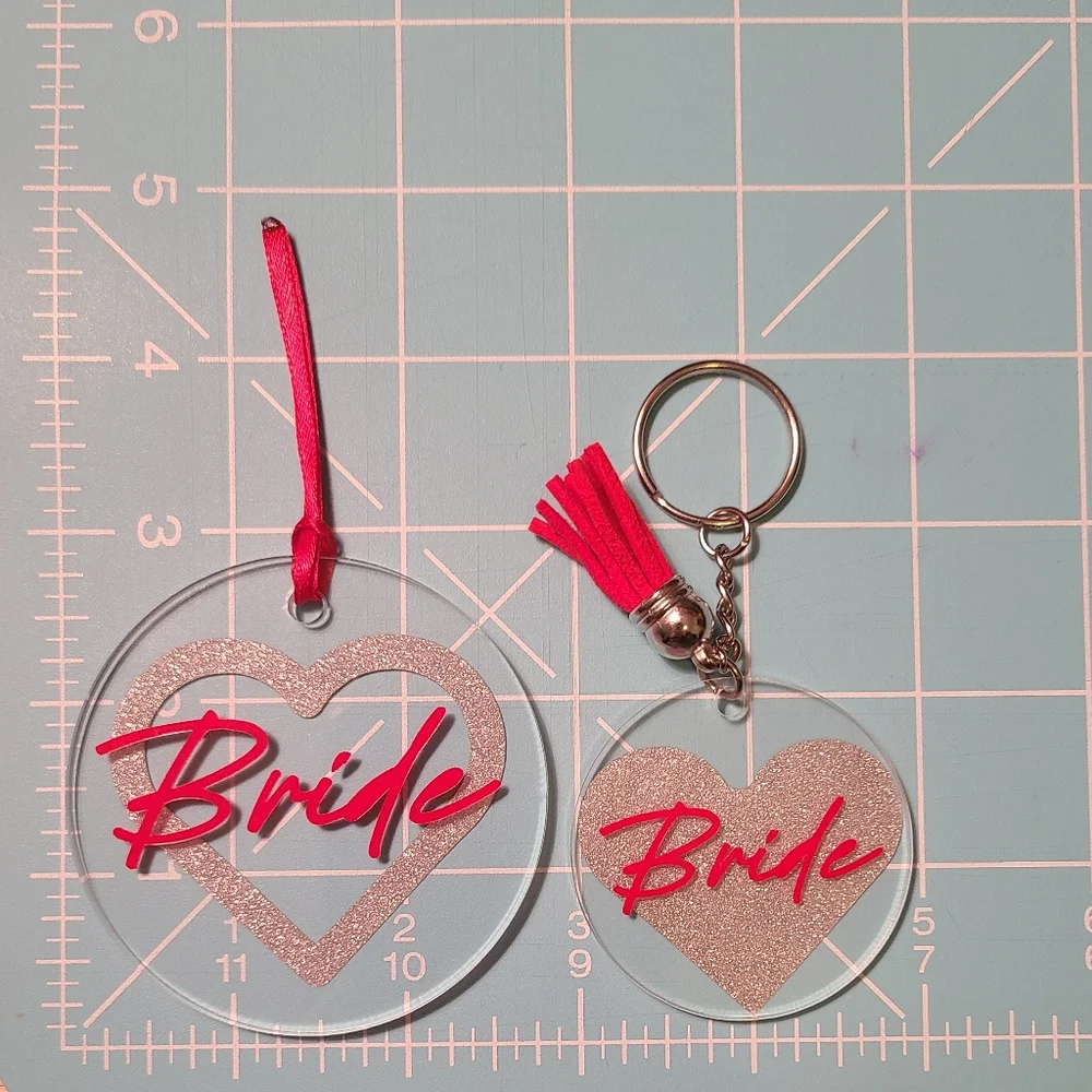 Bride Christmas ornament and matching Keychain set, red and silver glitter