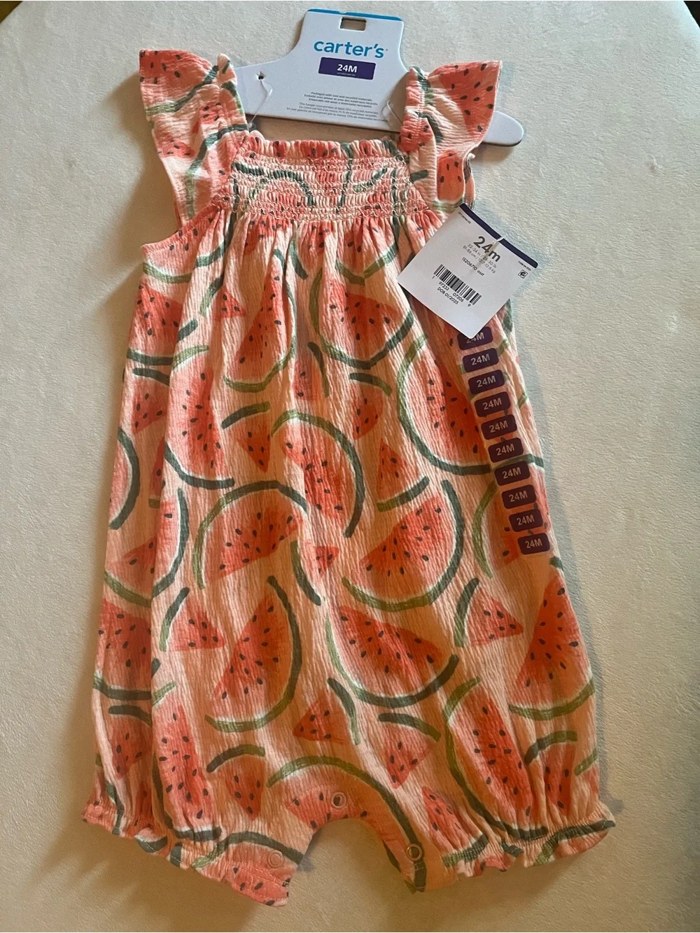 Carter's Peach and Green Watermelon Print Romper 24M