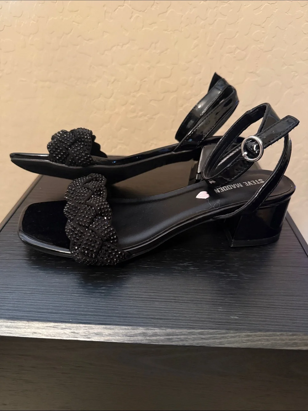 Steve Madden Black Braided Bead Strap Heeled Sandals