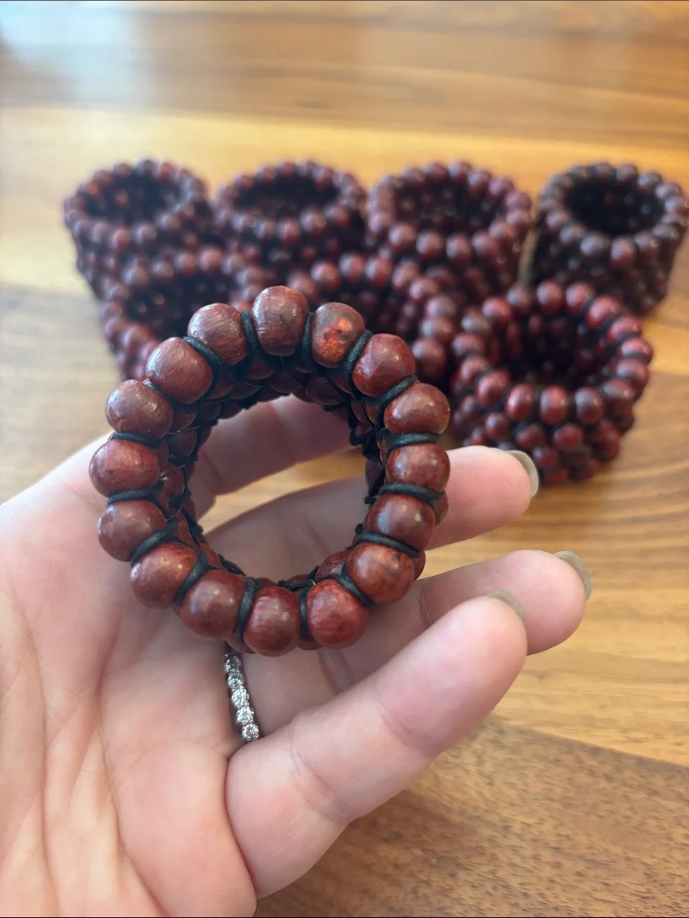 Crate & Barrel Mahogany Wood Red Beaded Napkin Rings Set of 8