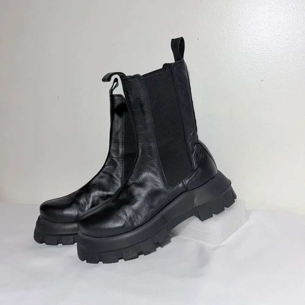 ASOS DESIGN Aqum premium leather chunky chelsea Unisex Black Boots