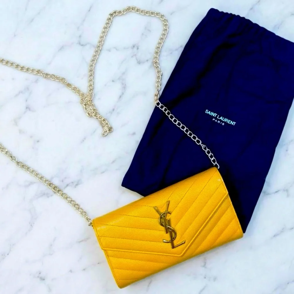 Saint Laurent YSL Cassandre Envelope Leather Wallet on Chain Mustard with COA
