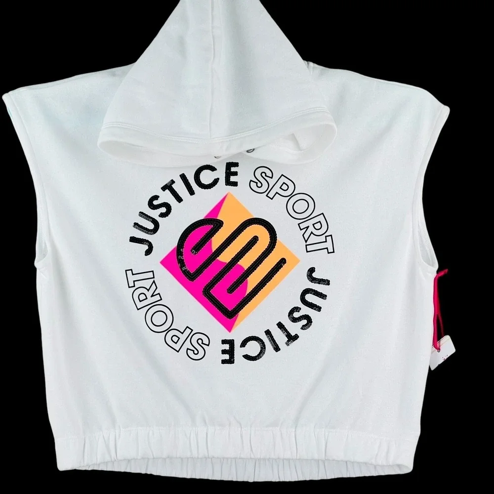 Justice Girls Sport Cropped White Hoodie Sweatshirt Sz XLP 16/18 Cap Sleeve NWOT