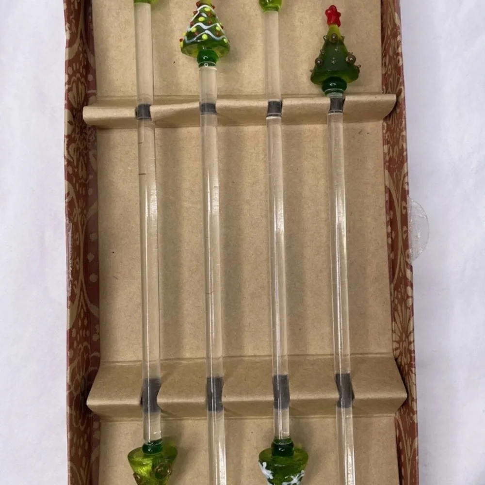 Pier 1 Christmas Tree Decorative Glass Swizzle Drink Set Of 4 Stir Sticks 8”