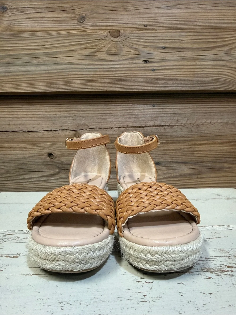 Marc Fisher Tan Woven Espadrille Wedge Sandal with Ankle Strap