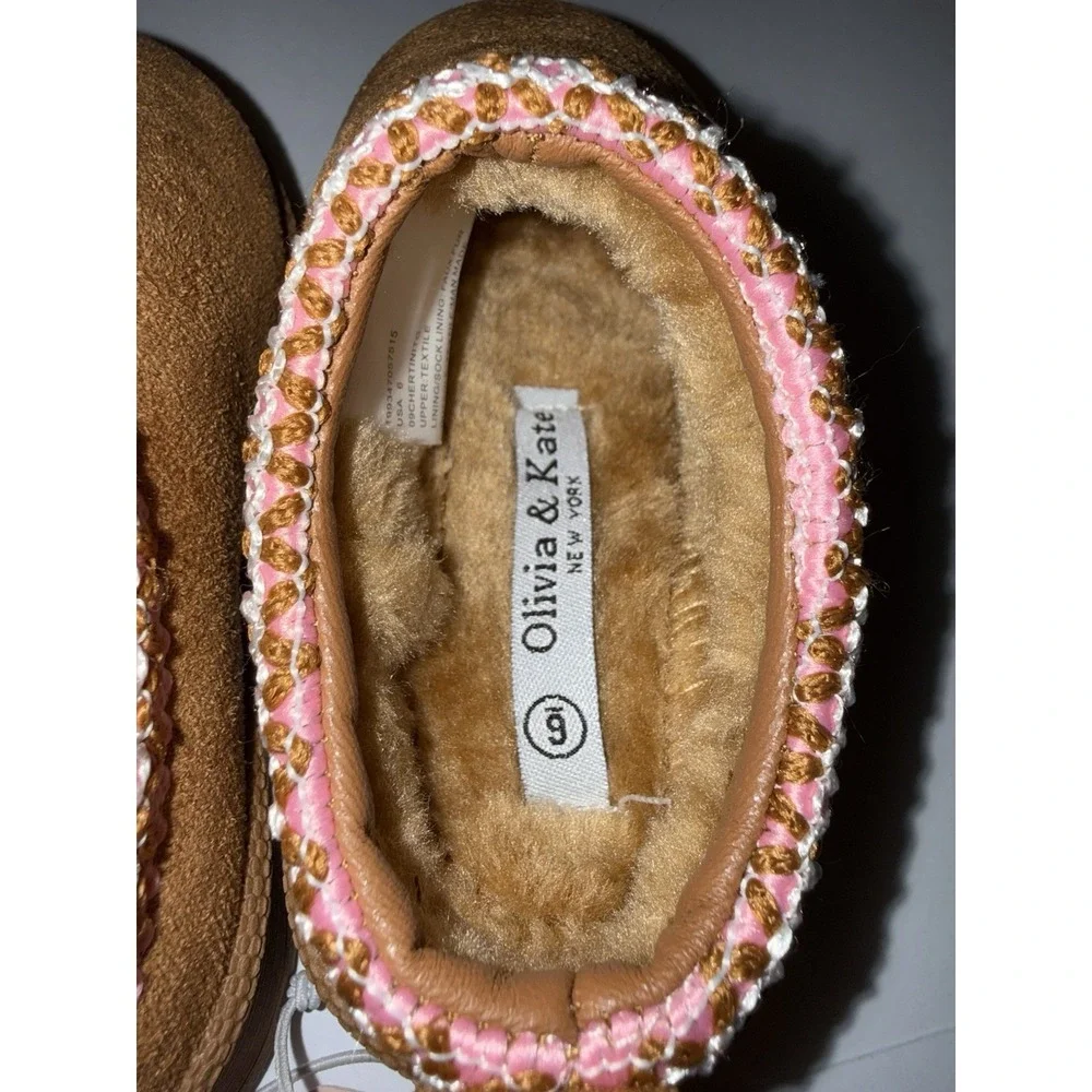 Olivia & Kate Girls Slippers Size 6 Brown Faux Fur Cozy Slip On NEW