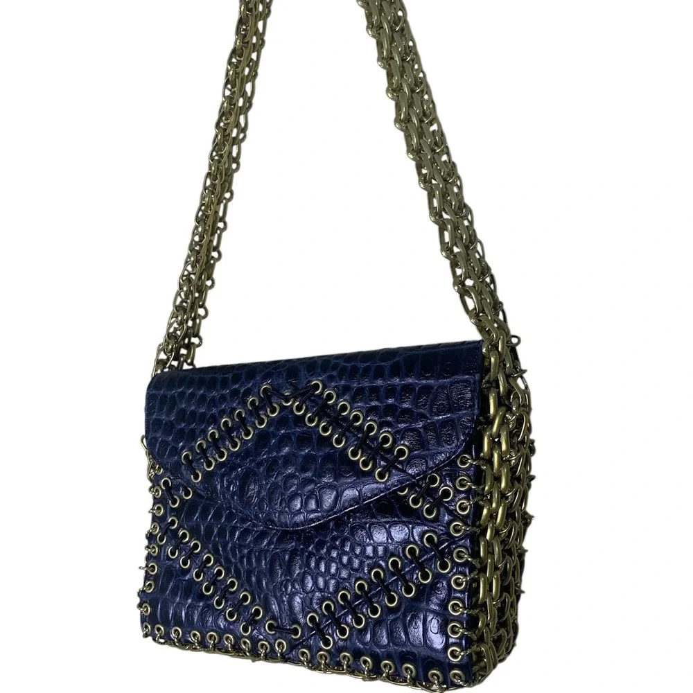 Tory Burch Shoulder Bag Womens Small Navy Croc Embossed Chainmail Gusset Runway