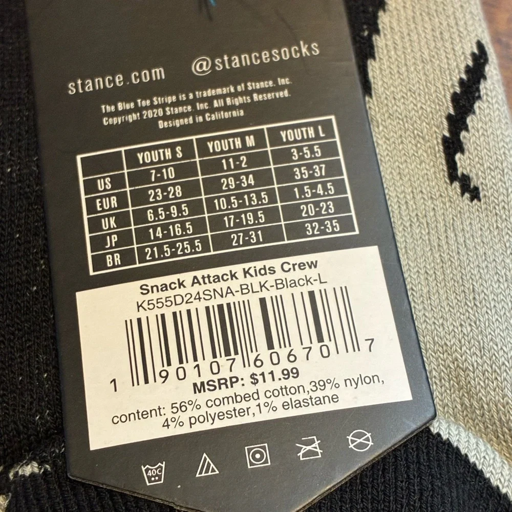 STANCE Kids Snack Attack Socks Black size large kids new