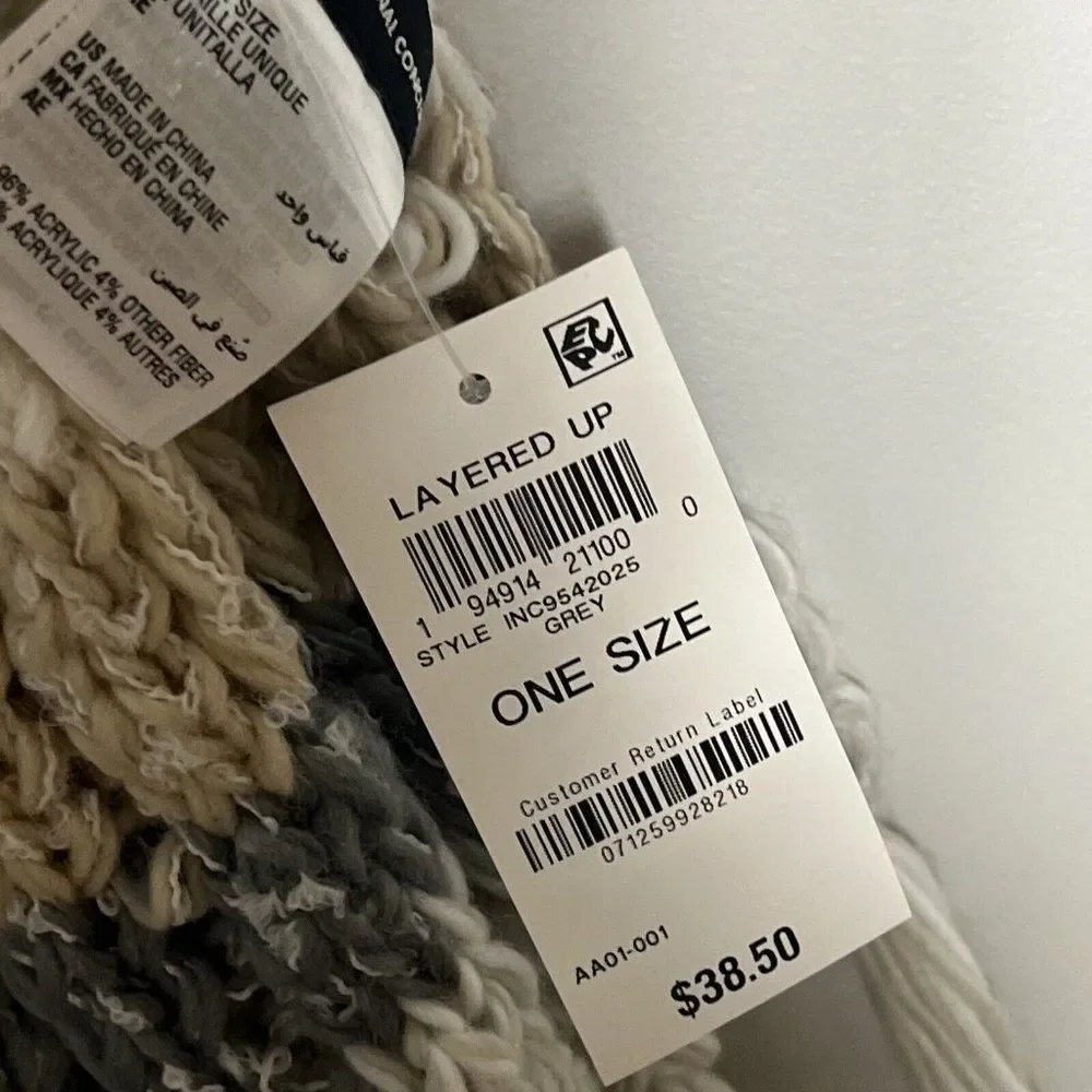 INC International Concepts Inc Mixed-Striped Muffler Scarf‎ Gray  Layered Up NWT