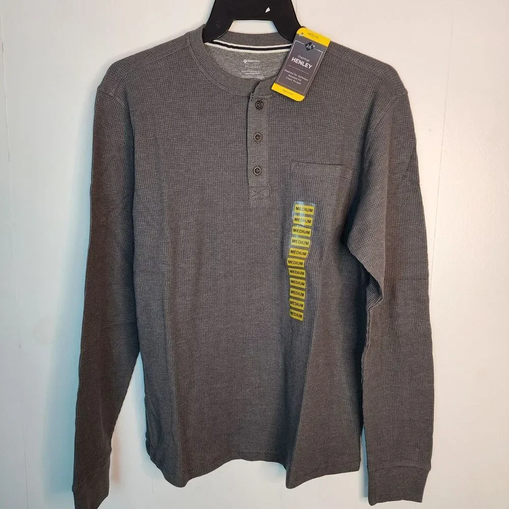 Members Mark Mens Thermal Henley Shirt Charcoal Grey Heather Long Sleeve‎ Medium