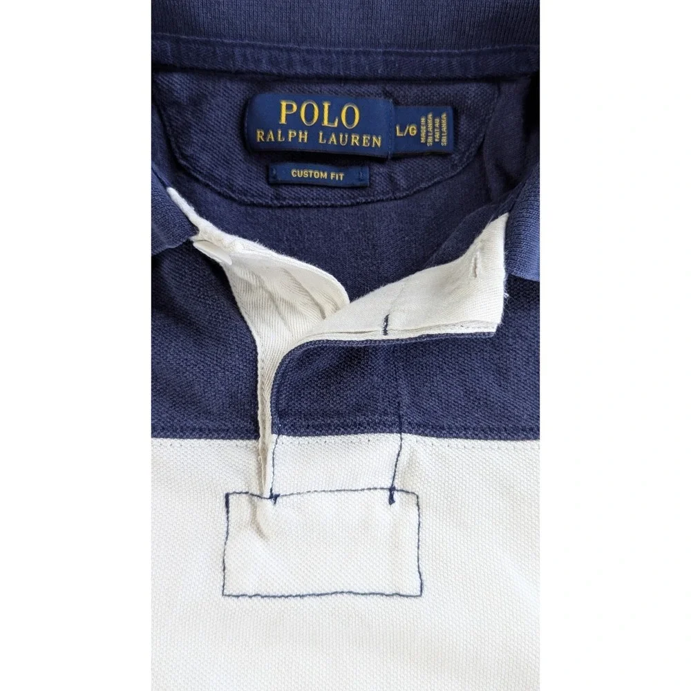 Polo Ralph Lauren Big Pony Mens L Custom Fit Rugby Stripe Crest Shirt Navy White