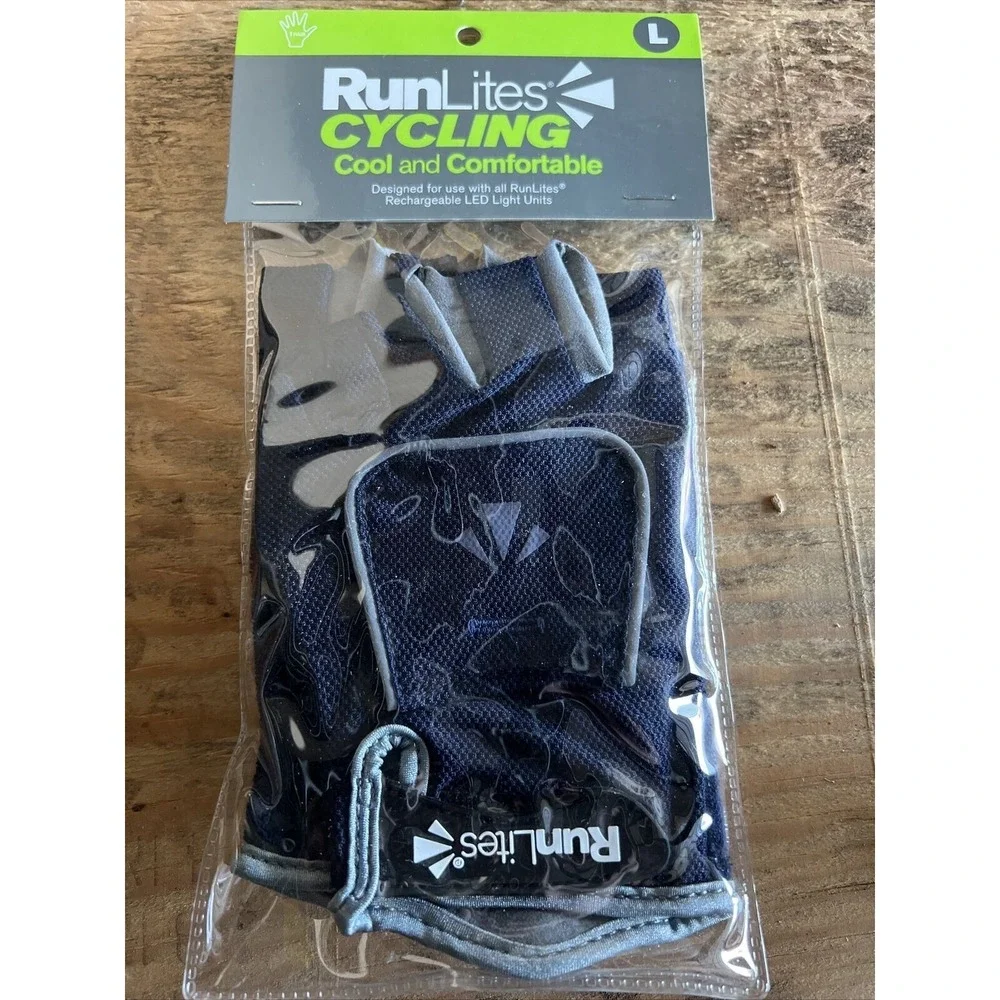 RunLites Cycling Bike Padded Fingerless Light Gloves With Battery Navy Sz Large