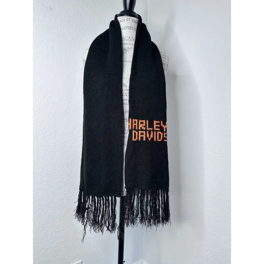 Vintage Harley-Davidson Wool Knit Scarf‎ Fringed Biker Black 60x8 inches