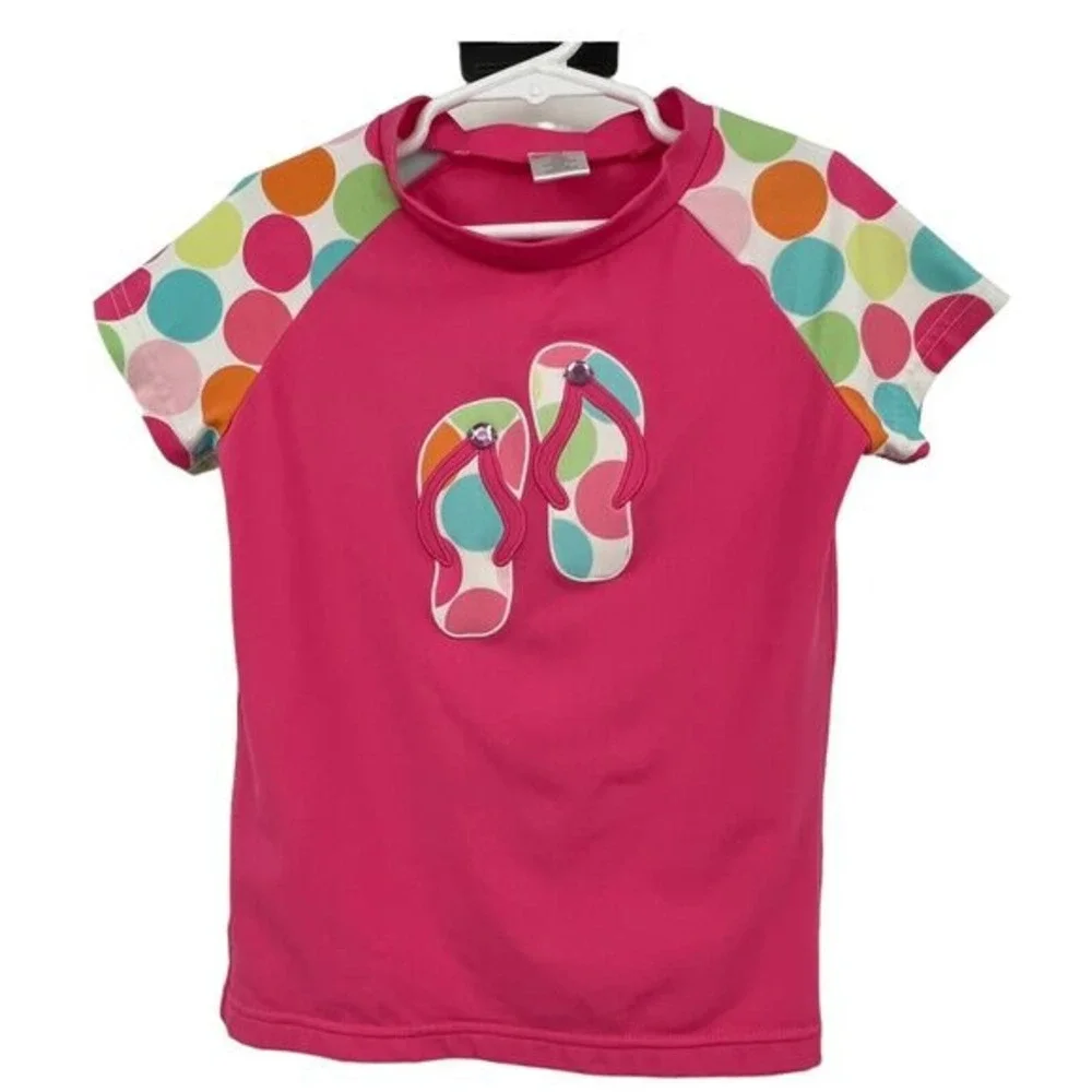 Gymboree Rash Guard Girls 9 Pink Excellent Polka Dot Flip Flop Applique Shirt‎