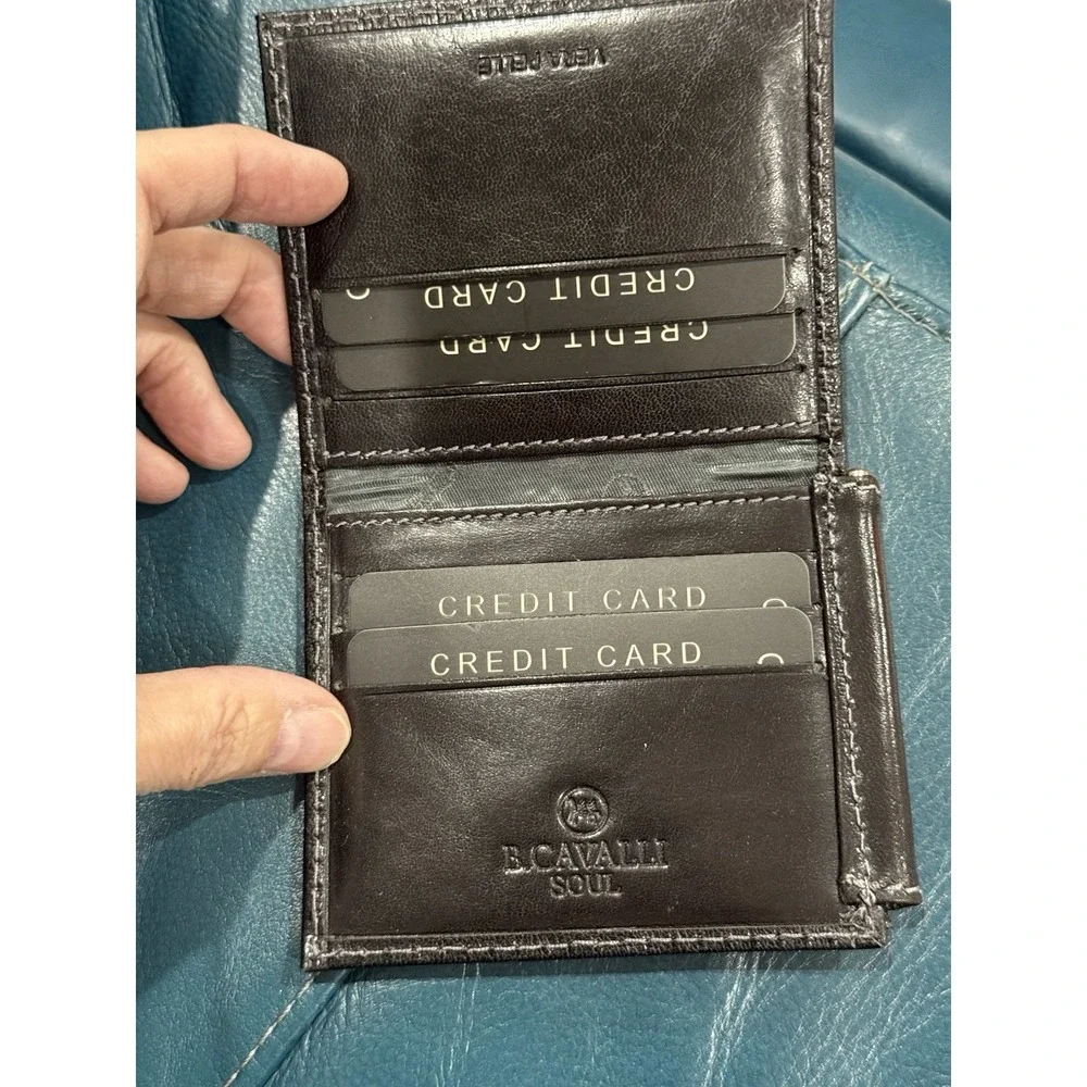 B. Cavalli Men's Brown Bifold Wallet Money Clip Card Slots Logo Accent