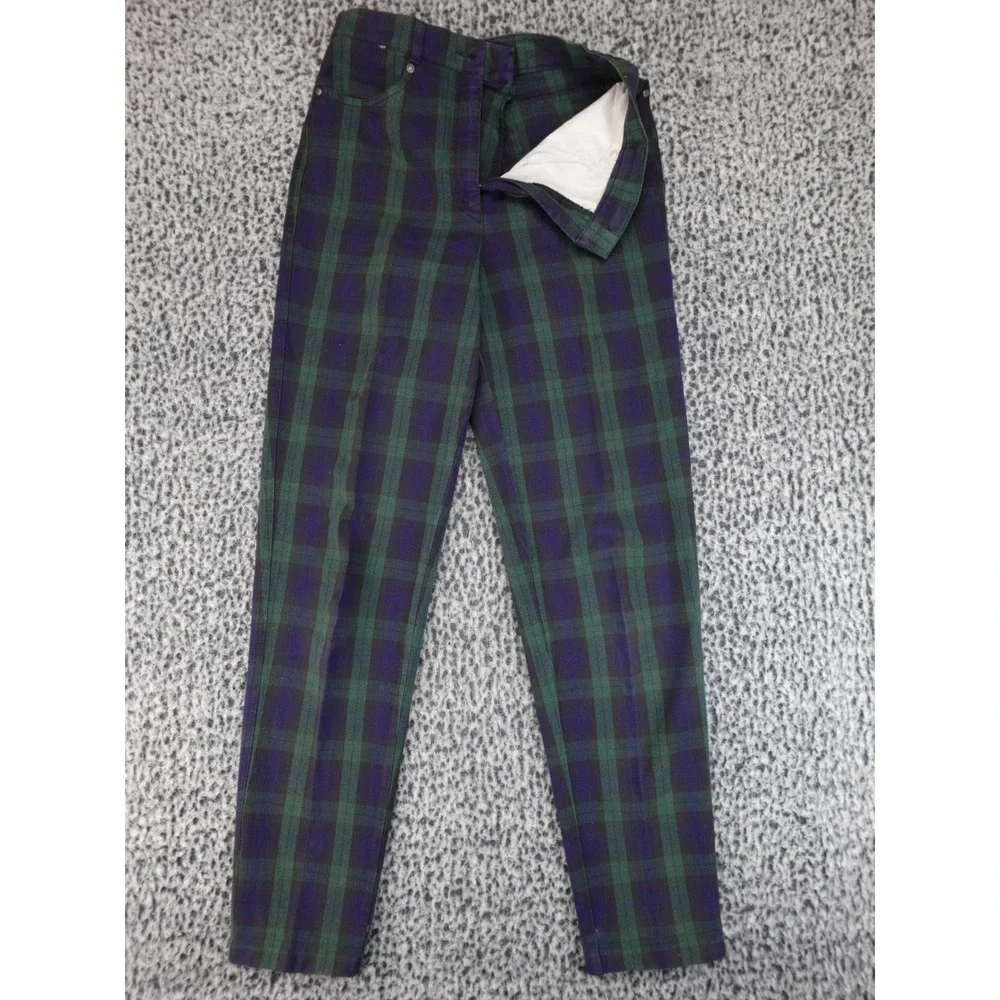 Zerres High Waisted Black Watch Plaid Slim Leg‎ Trousers Green Navy Blue Size 26