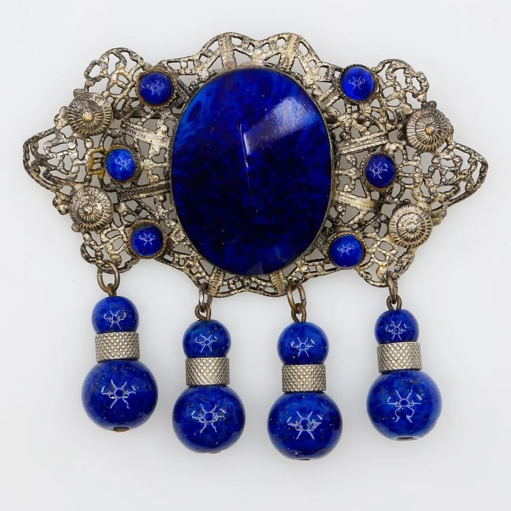 Vintage Dark Blue Sparkly Art‎ Glass Filigree Czech Brooch Beaded Dangles 1930s