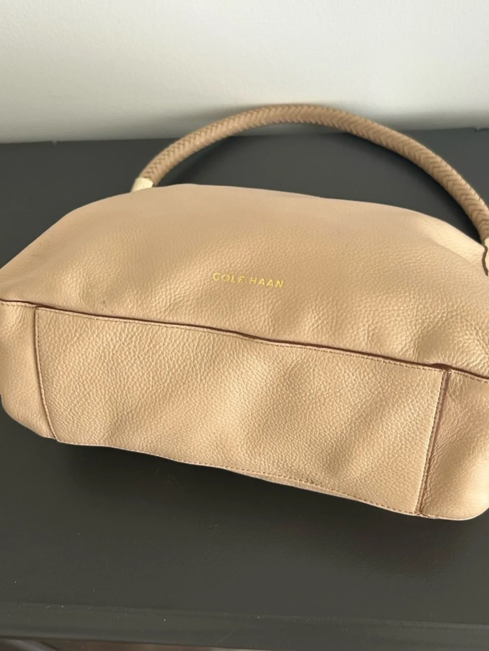 Cole Haan Beige Pebbled Leather Hobo Shoulder Bag Braided Handle Tote