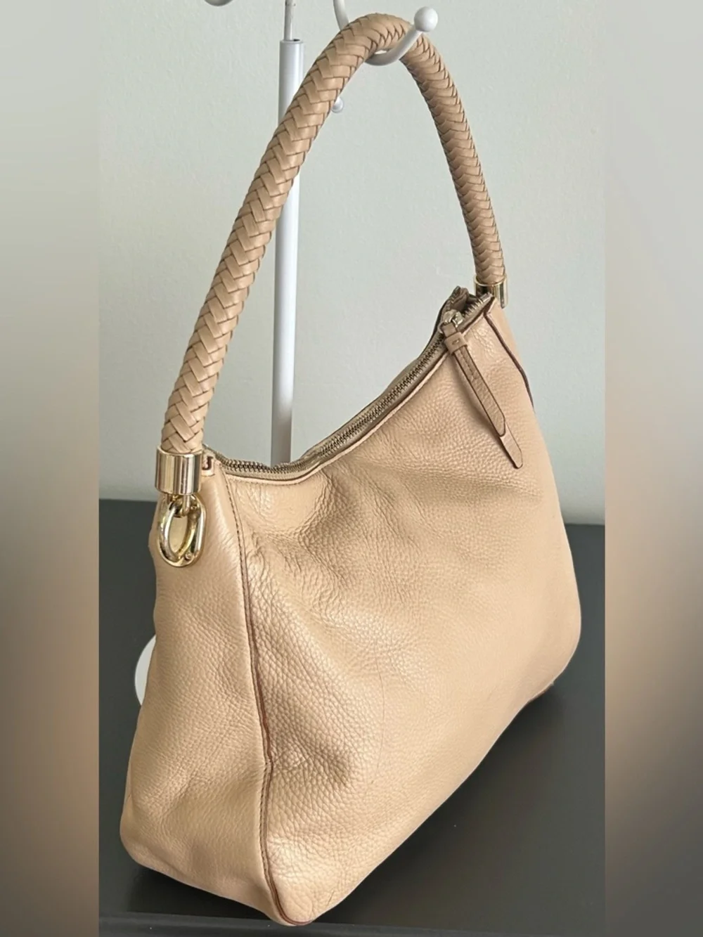 Cole Haan Beige Pebbled Leather Hobo Shoulder Bag Braided Handle Tote