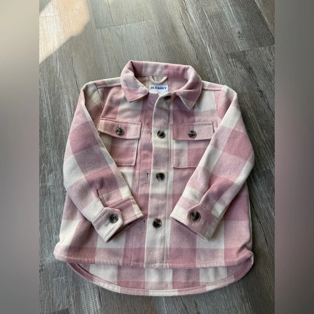 Old Navy Pink White Plaid Flannel Shacket Jacket Comfy Warm Size S 6 7