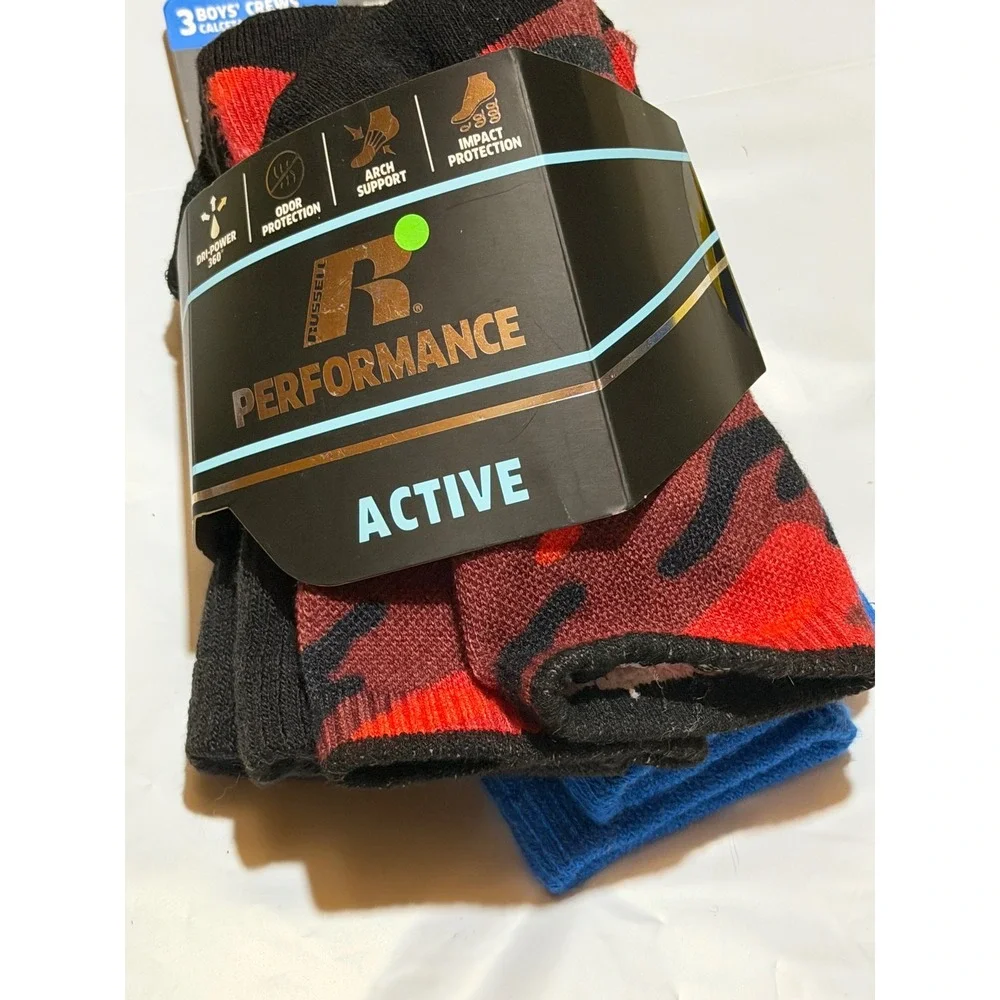 Russell Performance Crew Socks Multicolor Camo Stripe Active Athletic S/CH Boys