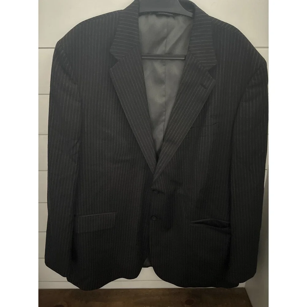 J. Ferrar Mens 2 Piece Suit 48R Black Pinstripe 100% Wool Blazer Trousers Set