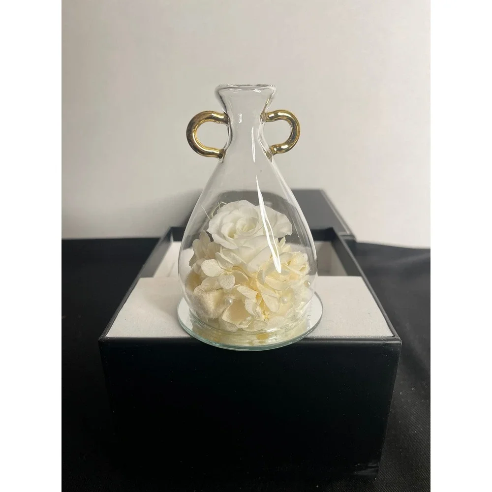 Preserved White Rose Glass Cloche Gold‎ Handles Eternal Flower Gift Box