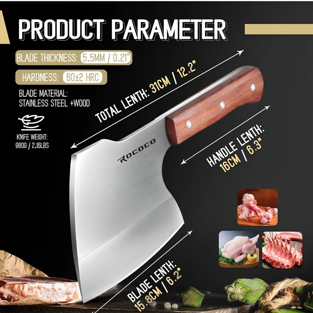 Rococo Stainless Steel Bone Cleaver Heavy Duty Meat Chopper Wood Handle Knife