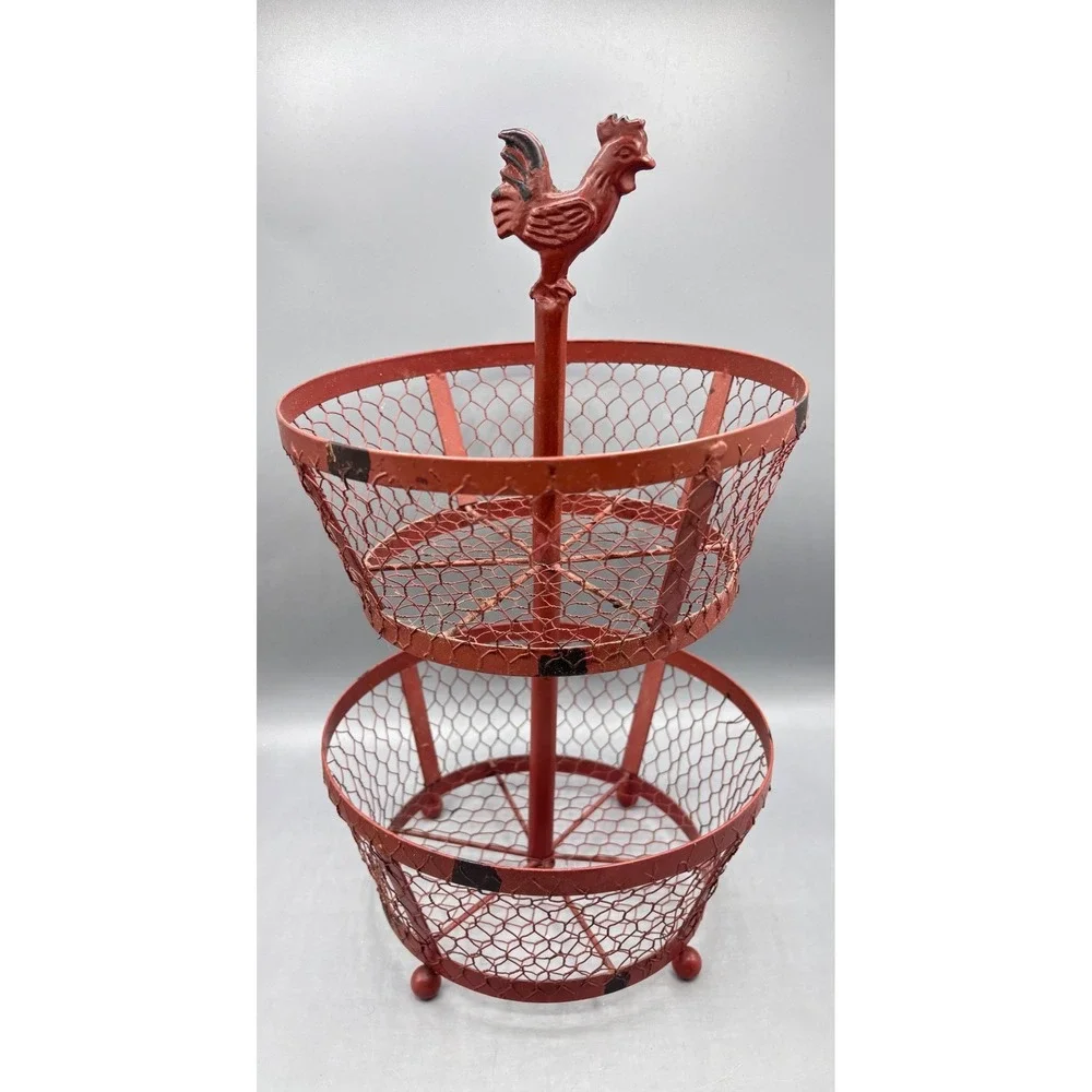 Vintage Red Metal Rooster 2 Tier Chicken Wire Basket Farmhouse Fruit Stand 14.5