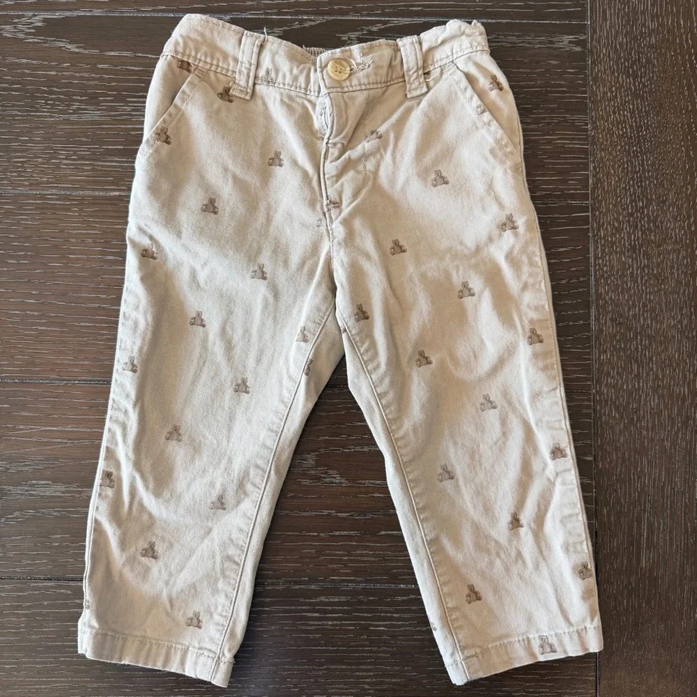 Baby Gap Baby Toddler Boys 18-24M Khaki Teddy Bear Logo Print Pants Trousers‎