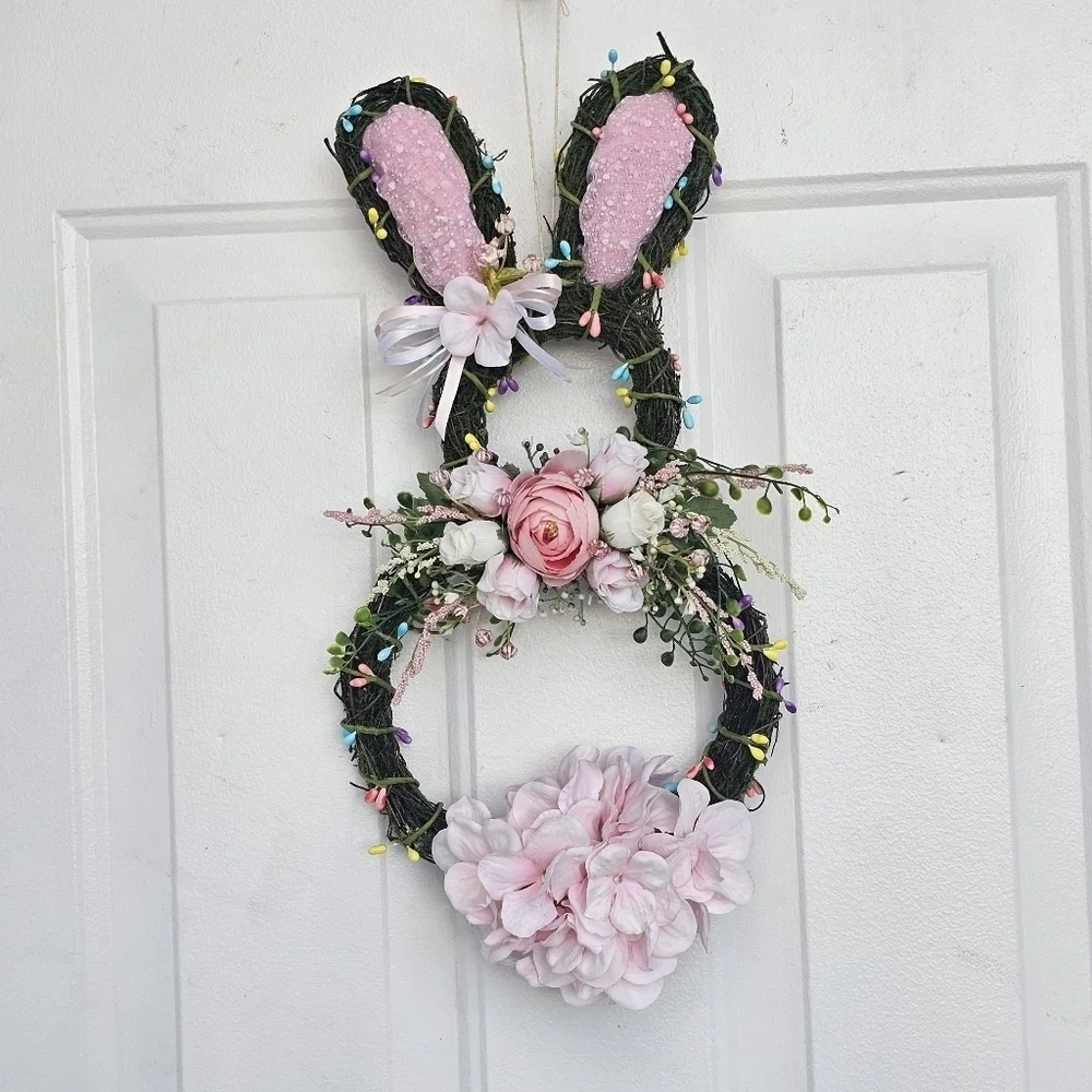Handmade Floral bunny Spring/Easter Wreath with light pink and white florals