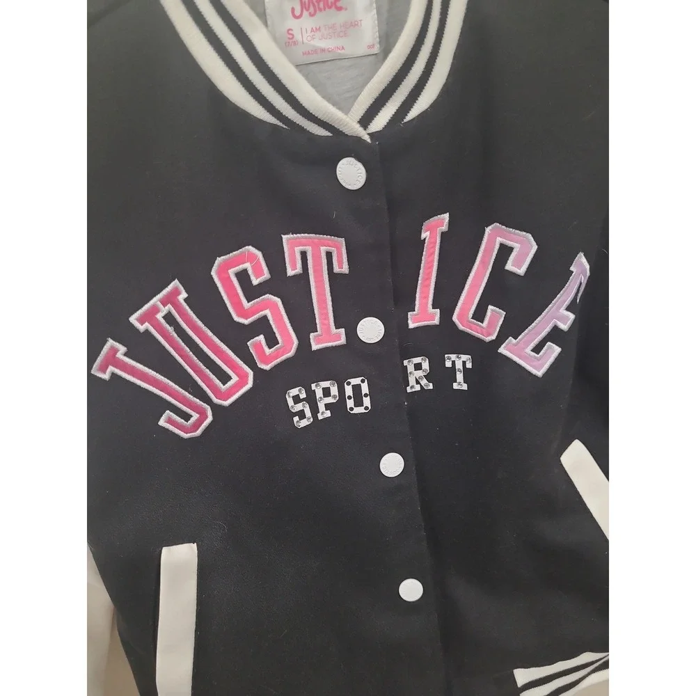 Justice Sport Girls SZ S (7/8) Varsity Style Jacket black white pink accent prep