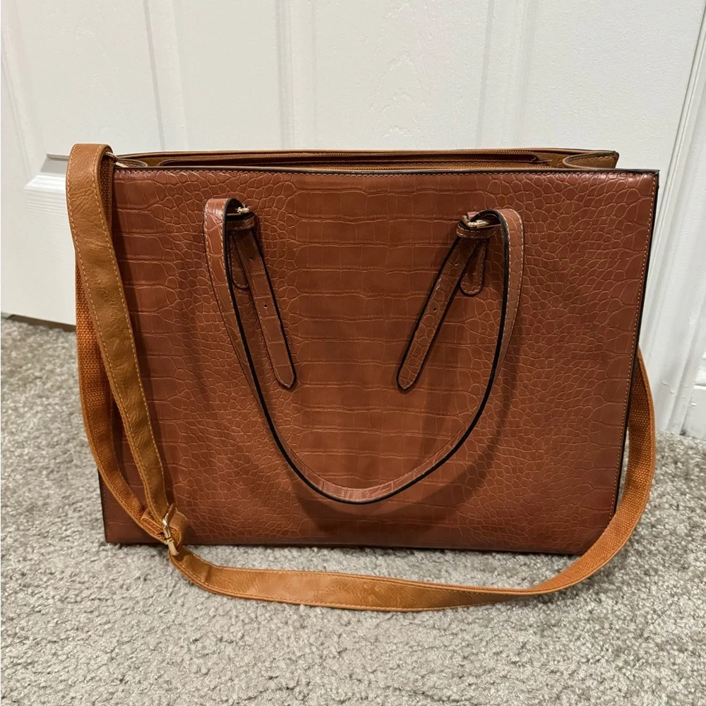 Brown Crocodile-Embossed Women's Laptop Bag